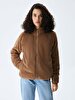 Plush Zipper Closing Camel Cardigan
