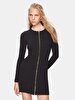 Ribbed Crew Neck Zipper Closing Mini Knitwear Black Dress