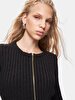 Ribbed Crew Neck Zipper Closing Mini Knitwear Black Dress