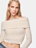 Soft Textured Off-shoulder Knitwear Beige Pullover