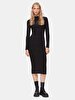 Ribbed Straight Collar Long Sleeve Knitwear Midi Black Dress