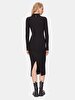 Ribbed Straight Collar Long Sleeve Knitwear Midi Black Dress