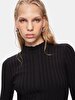 Ribbed Straight Collar Long Sleeve Knitwear Midi Black Dress