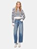Striped Print Soft Textured Long Sleeve Knitwear White Pullover