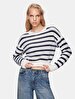 Striped Print Soft Textured Long Sleeve Knitwear White Pullover