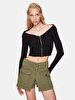 Ribbed Off-shoulder Zipper Closing Knitwear Black Cardigan