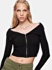 Ribbed Off-shoulder Zipper Closing Knitwear Black Cardigan