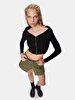 Ribbed Off-shoulder Zipper Closing Knitwear Black Cardigan