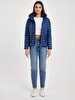 Straight With Hood Zipper Closing Dark Blue Coat