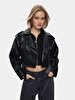 Bleached Cuban Collar Zipper Closing Black Jacket