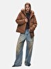 With Hood Zipper Closing Puffer Brown Coat