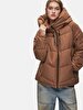 With Hood Zipper Closing Puffer Brown Coat
