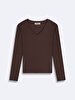 V-neck Ribbed Brown T-shirt
