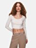 Wide Collar Long Sleeve Basic Beige T-shirt
