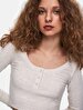 Wide Collar Long Sleeve Basic Beige T-shirt