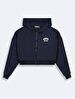 Print With Hood Zipper Closing Boxy Fit Navy Sweatshirt