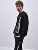 Print Crew Neck Long Sleeve Relaxed Fi̇t Black Sweatshirt
