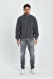 Straight Straight Collar Turtle Neck Zipper Closing Regular Fit Grey Sweatshirt