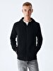 Straight With Hood Zipper Closing Black Sweatshirt