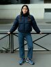 Short Puffer Front Zipper Closing Navy Coat