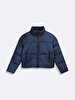 Short Puffer Front Zipper Closing Navy Coat