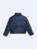 Short Puffer Front Zipper Closing Navy Coat