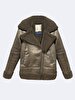Simulated Leather Zipper Closing Fur Beige Jacket