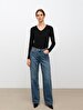 V-neck Long Sleeve Basic Black Sweatshirt