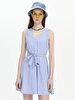 Striped Print Pompom Spaghetti Strap Blue Dress