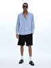 Striped Print Long Sleeve Linen Look Regular Blue Shirt