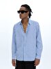 Striped Print Long Sleeve Linen Look Regular Blue Shirt
