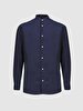 Mao Collar Linen Look Navy Shirt