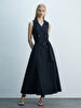 Basic Buttoned Pompom Long Navy Dress