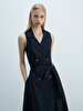 Basic Buttoned Pompom Long Navy Dress