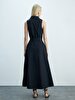 Basic Buttoned Pompom Long Navy Dress