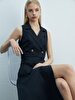 Basic Buttoned Pompom Long Navy Dress