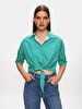 Pompom Striped Print Crop Short Sleeve Green Shirt