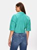 Pompom Striped Print Crop Short Sleeve Green Shirt