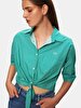 Pompom Striped Print Crop Short Sleeve Green Shirt