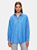 Pompom Striped Print Relaxed Long Sleeve Blue Shirt