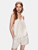 Spaghetti Strap Linen Look Striped Print Comfortable Cut Beige Blouse