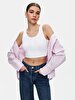 Pompom Striped Print Crop Long Sleeve Pink Shirt