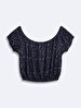 Flower Print Crop Short Sleeve Navy Blouse