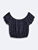 Flower Print Crop Short Sleeve Navy Blouse