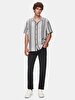 Linen Look Striped Print Relaxed Short Sleeve Blue Shirt