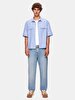 Relaxed Boxy Fit Short Sleeve Mao Collar Blue Shirt