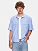 Relaxed Boxy Fit Short Sleeve Mao Collar Blue Shirt