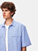 Relaxed Boxy Fit Short Sleeve Mao Collar Blue Shirt