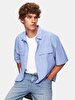 Relaxed Boxy Fit Short Sleeve Mao Collar Blue Shirt
