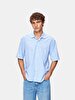 Linen Short Sleeve Relaxed Striped Print Blue Shirt